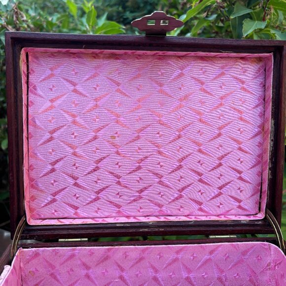 Vintage Rosewood Jewelry Box Brass Hardware Chest with Bone Medallion Solid Wood - Picture 5 of 16